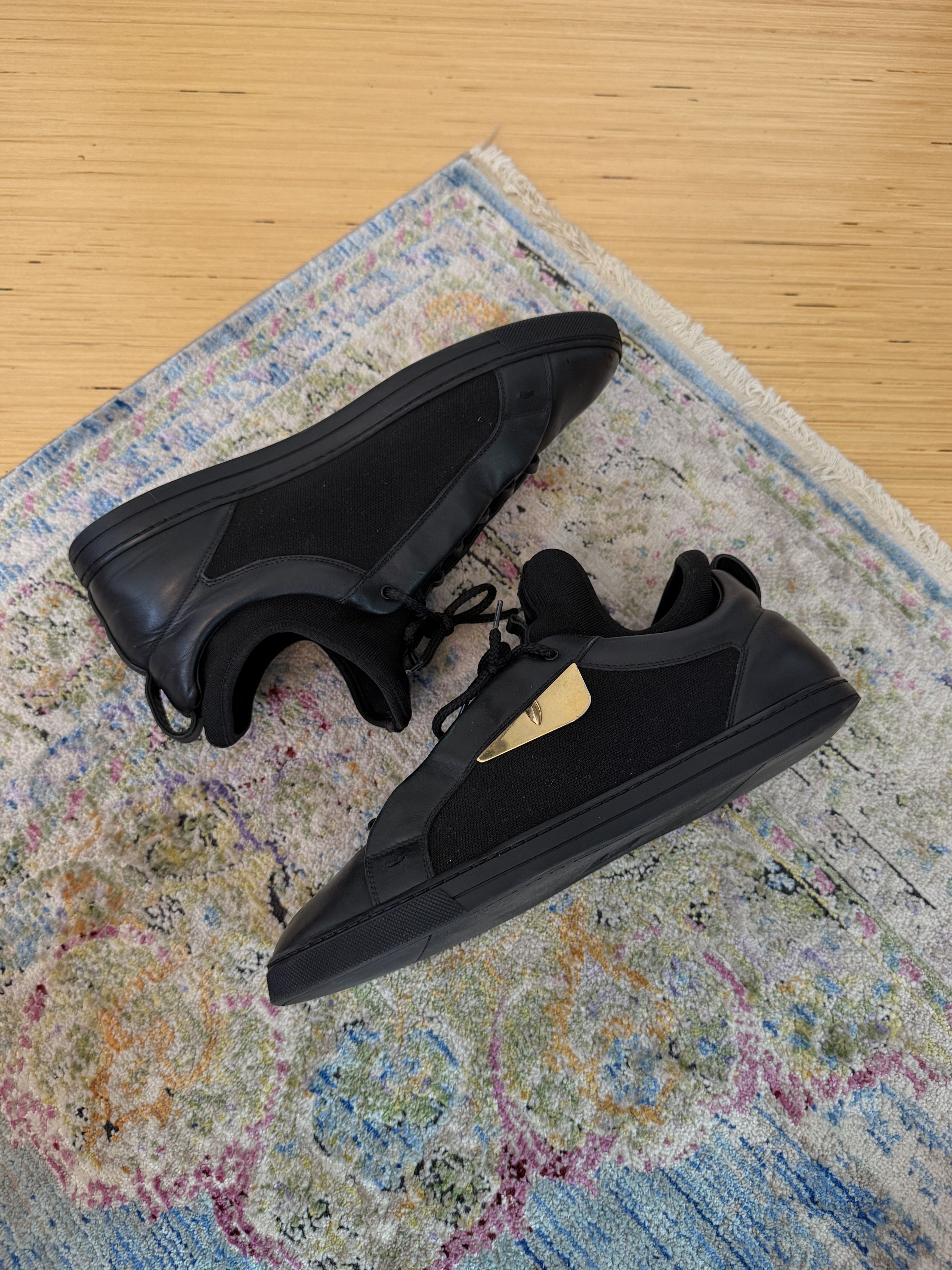 Fendi Fendi Black Leather and Fabric Monster Eye Mid Top Sneakers Size US 10 / EU 43 - 8 Thumbnail