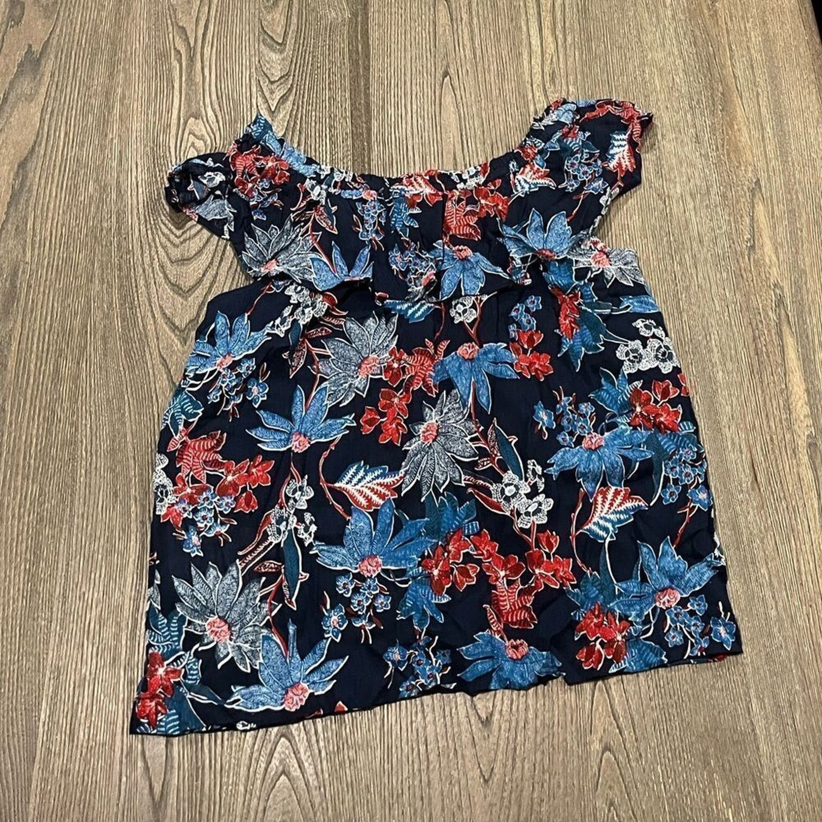 Vintage NWOT J.Jill Sarasa Ruffled Tropical Top 100% Linen Elastic S Size S / US 4 / IT 40 - 1 Thumbnail