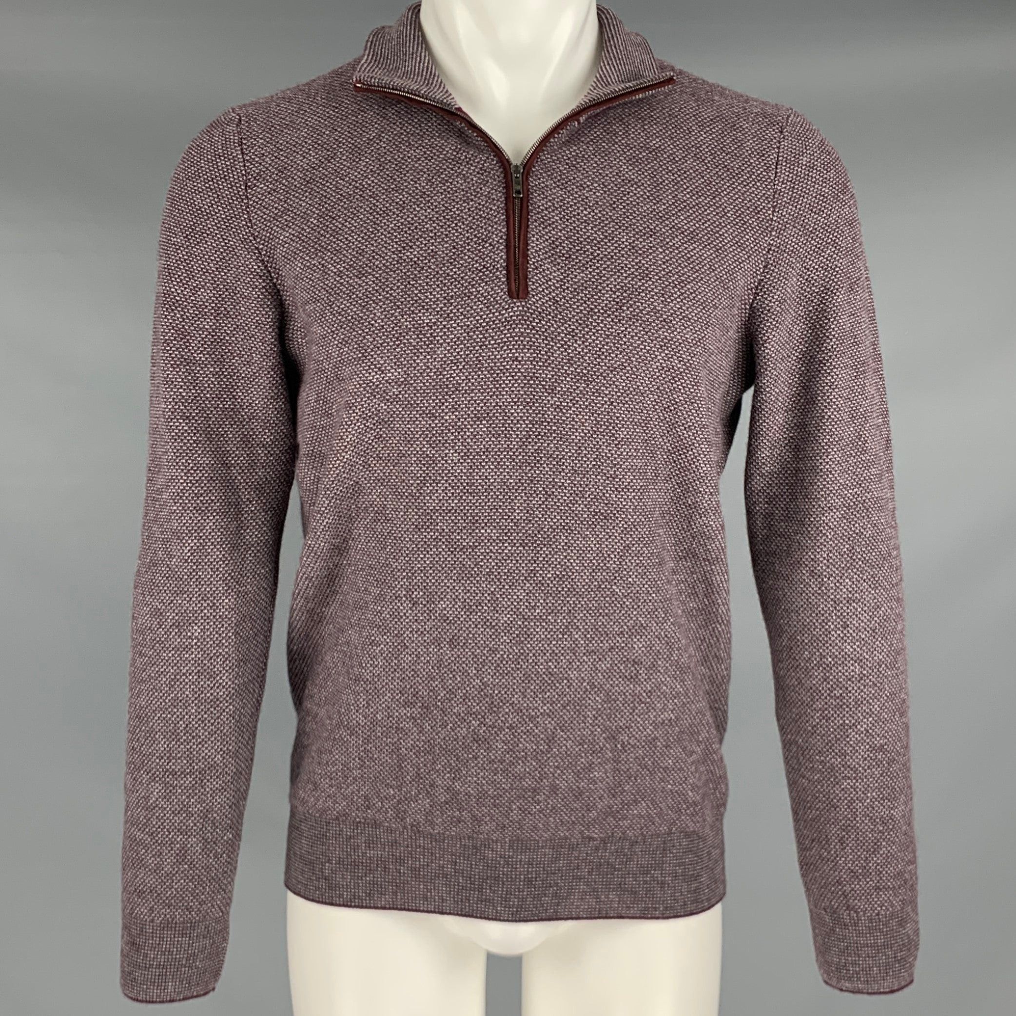 image of Luciano Barbera Burgundy Grey Knit Cashmere Elbow Patch Half Zip Pullover, Men's (Size Small)
