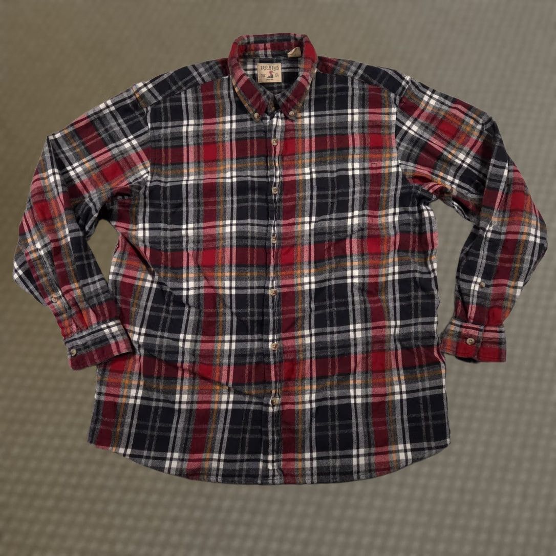Vintage RedHead Flannel Shirt Mens 2XL Plaid Button-Down Long Sleeve Red Black Gray Cotton Grid Pattern Size US XXL / EU 58 / 5 - 1 Thumbnail