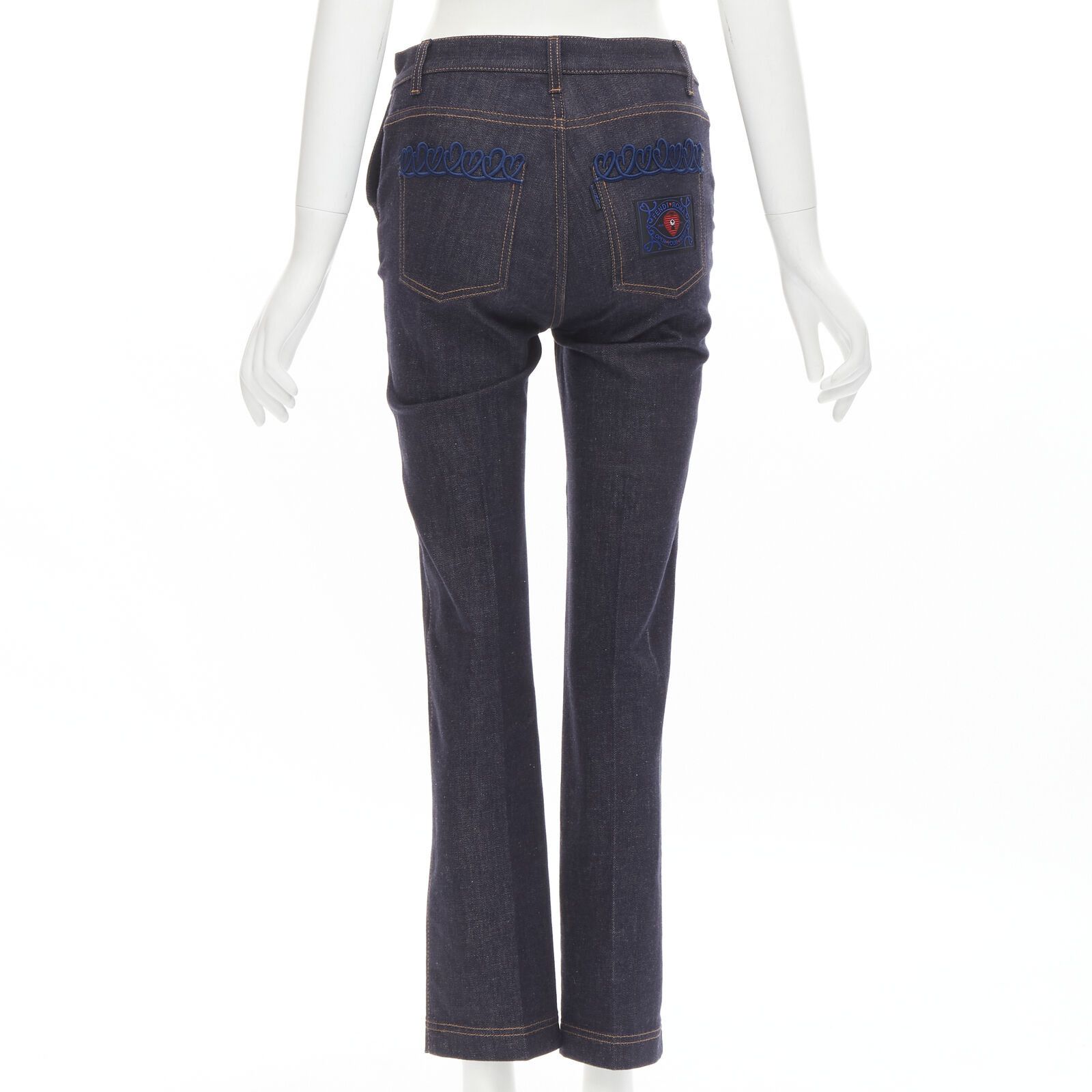 image of Fendi Roma Open Your Heart Scribble Embroidery Indigo Blue Jeans, Women's (Size 26)