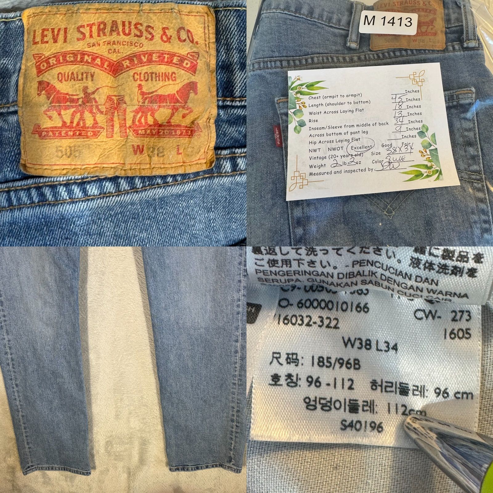 Levi's Levi’s 505 Jeans Mens Regular Straight Mid-Rise 38x34 Blue Denim Stretch Size US 38 / EU 54 - 8 Thumbnail