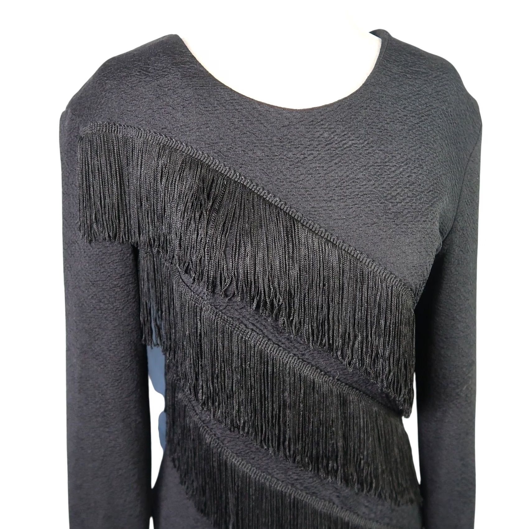 Vintage VINTAGE Unit Black Western Fringe Bodycon Knee Length Dress L Ladies Long Sleeve 80s 90s Bohemian Western Party/Cocktail Size L / US 10 / IT 46 - 2 Thumbnail