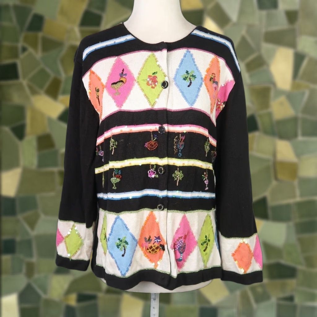 Black Diamond VINTAGE 90s Just B Cardigan Sweater Diamond Beaded Knit Cotton Rayon Black L Womens Size L / US 10 / IT 46 - 1 Thumbnail