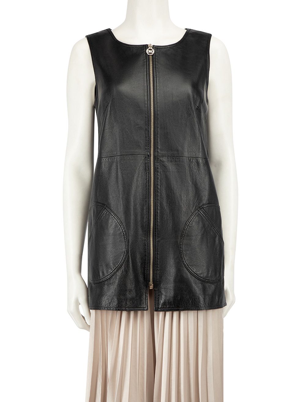 image of Dolce Gabbana Black Leather Front Zip Vest, Women's (Size Small)