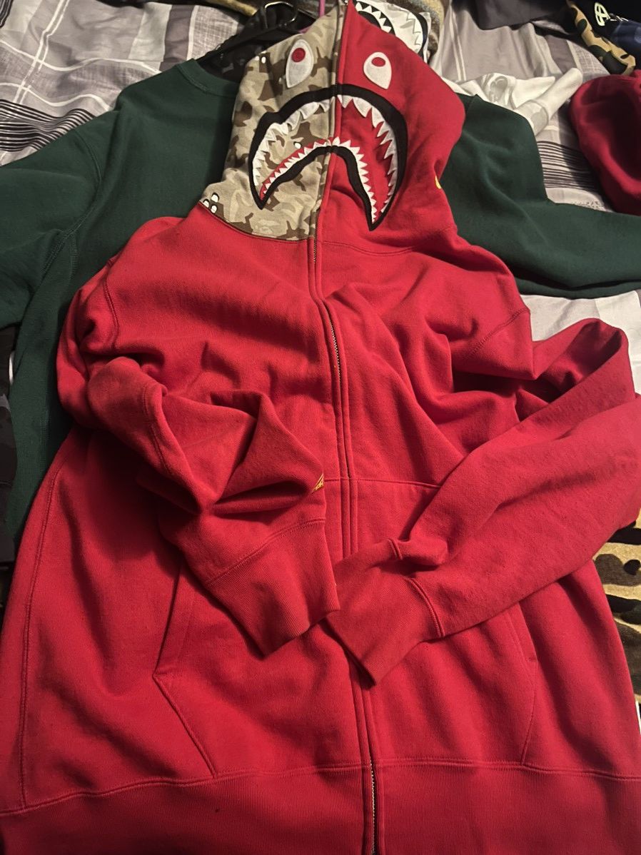 image of Bape x Stussy Shark Full Zip Hoodie in Red, Men's (Size XL)