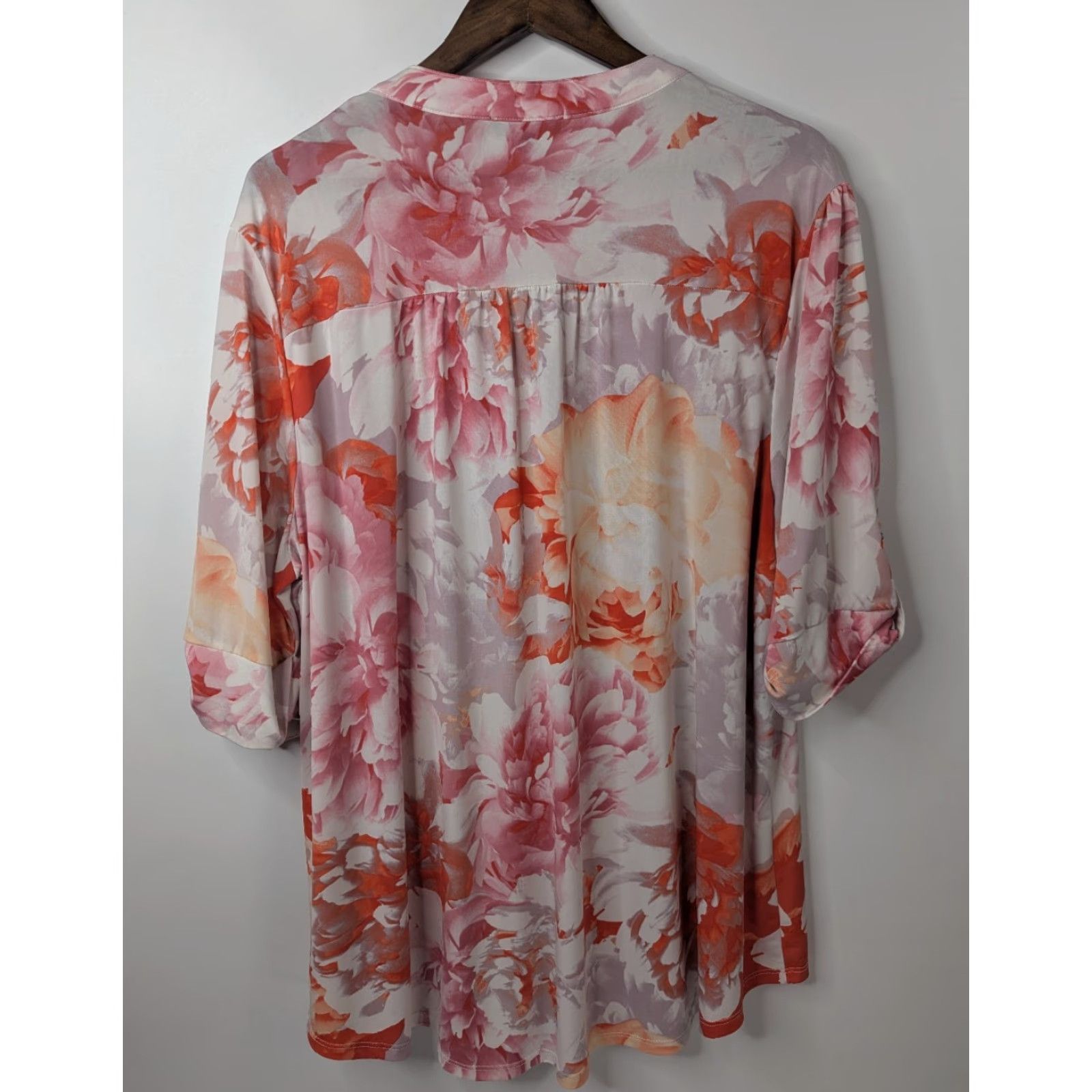 Vintage Cocomo Blouse Shirt 3X Plus Pink Floral V-Neck Roll Tab Sleeve Button Top Damen Womens Size XXL / US 16-18 / IT 52-54 - 3 Thumbnail