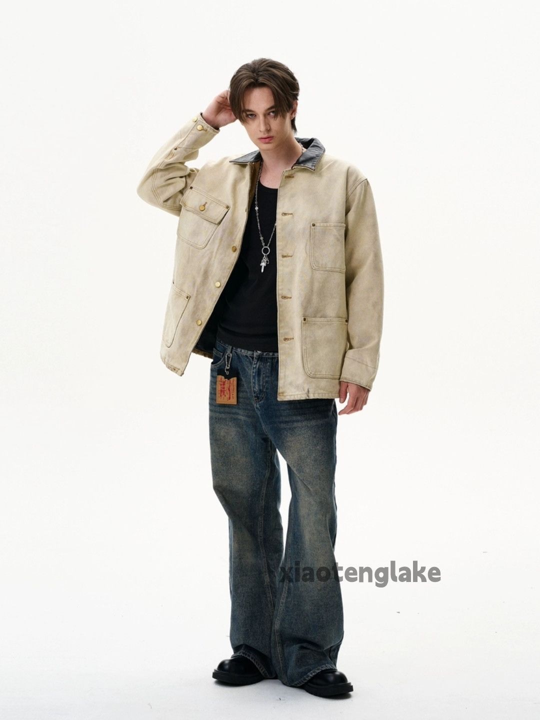 Unisex washed stain faded workwear cargo jacket