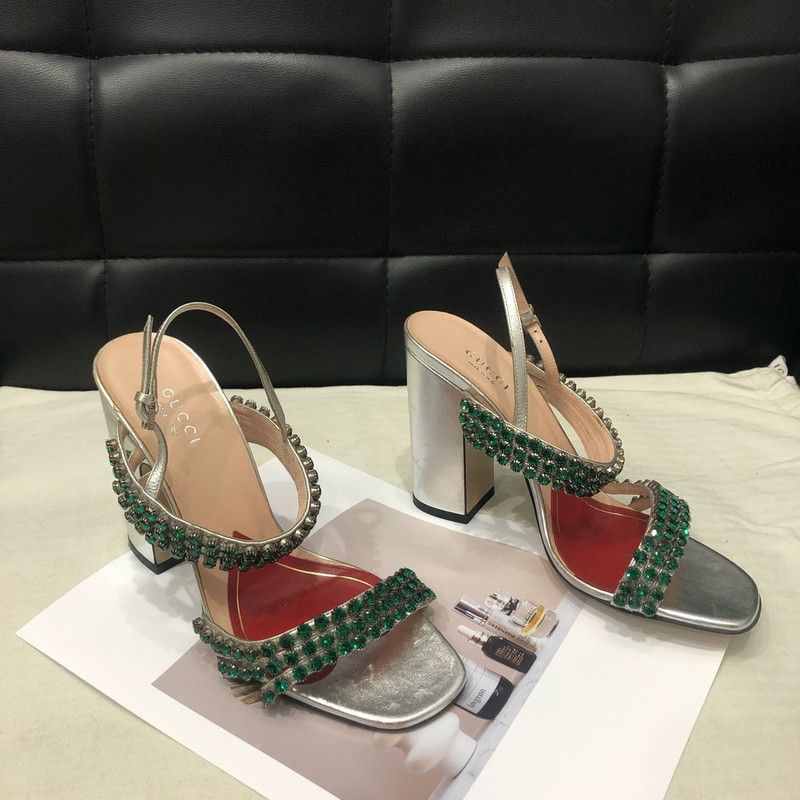 Gucci Silver Heeled Sandals with Green Crystals