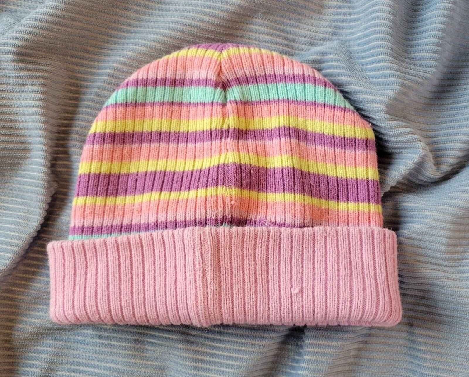 Unknown London Toddler Purple Striped Knit Beanie Hat w Crocheted Flowers Size ONE SIZE - 2 Thumbnail