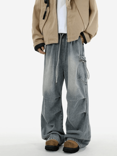 Vintage pocket loose straight washed wide-leg cargo jeans