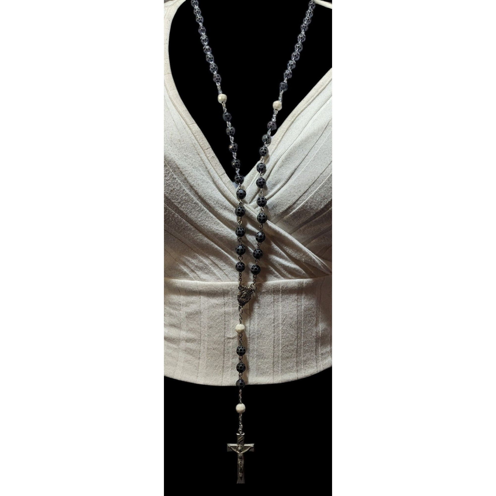 Other Vintage Black White And Silver Tone Textured Beaded Rosary N Size ONE SIZE - 9 Thumbnail