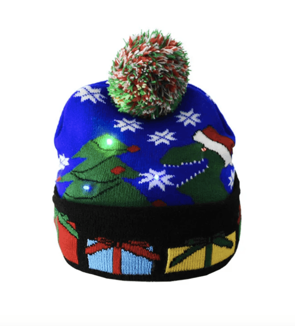 Designer Flashing Light-Up LED Ugly-Christmas-Sweater Dinosaur Beanie Size ONE SIZE - 1 Thumbnail