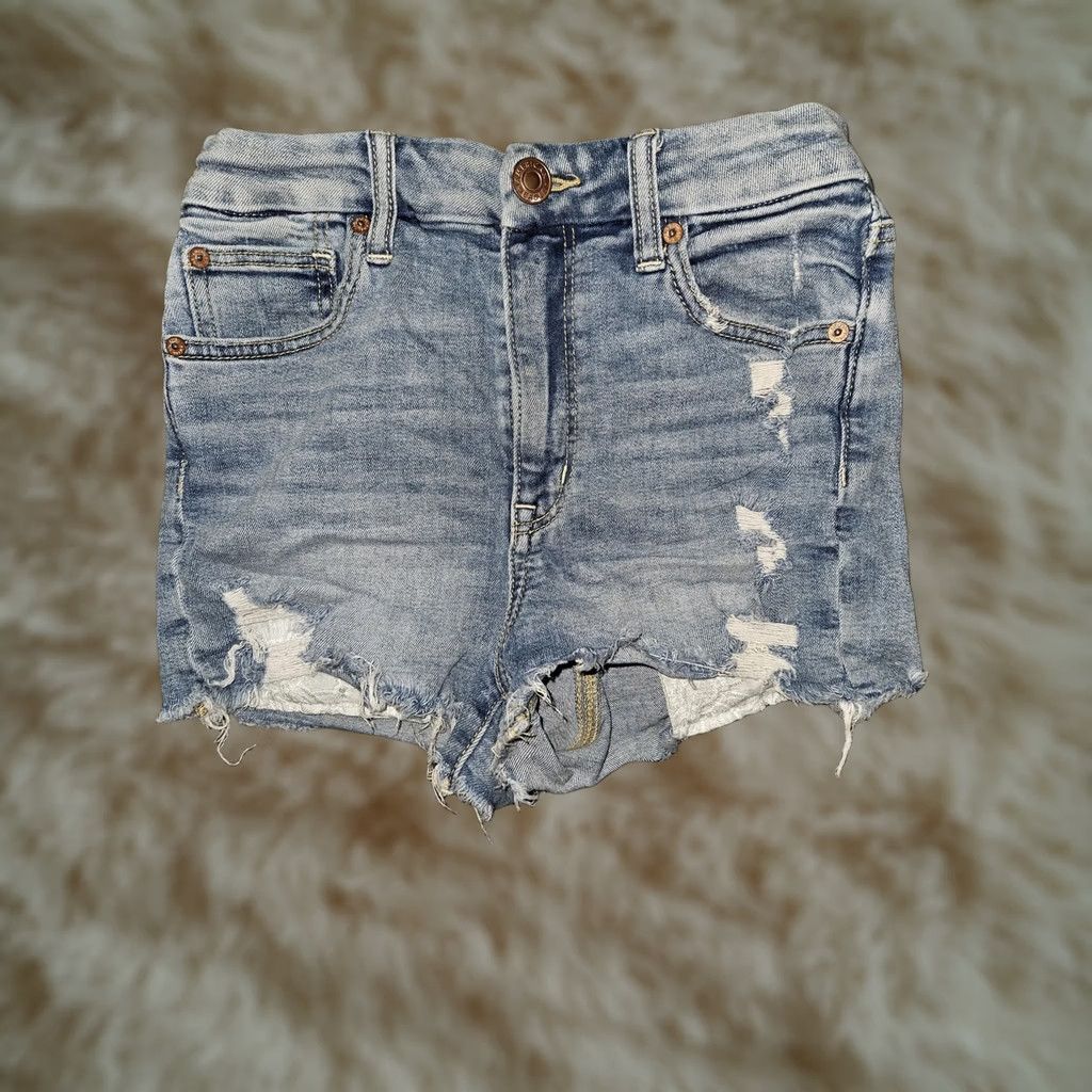 American Eagle Outfitters VINTAGE? No. American Eagle Outfitters Shorts Womens 2 Blue Curvy Hi-Rise Shortie Distressed Denim Cut-Off Super Stretch Shorties Size 26" / US 2 / IT 38 - 1 Thumbnail