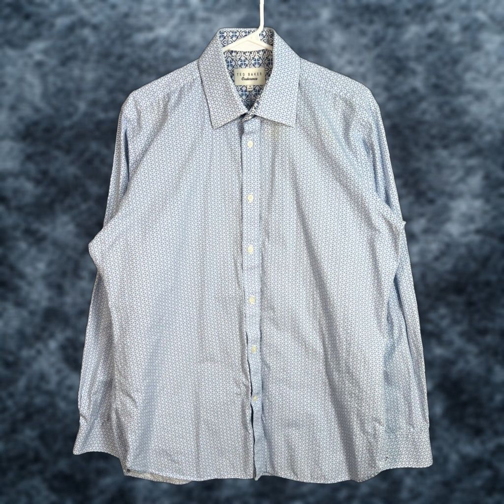 Ted Baker Ted Baker Endurance Mens Dress Shirt Geometric Pattern Blue 100% Cotton 16 34/35 Long Sleeve Button-Down Collared Regular Shirt Mens Size 42R - 1 Thumbnail