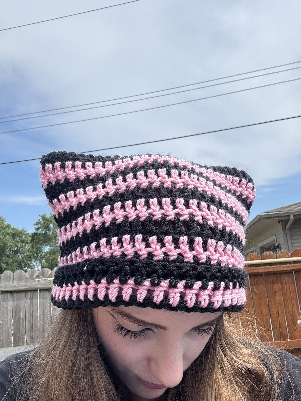 Handmade Crochet Cat Beanie - Black & Pink Size ONE SIZE - 9 Thumbnail