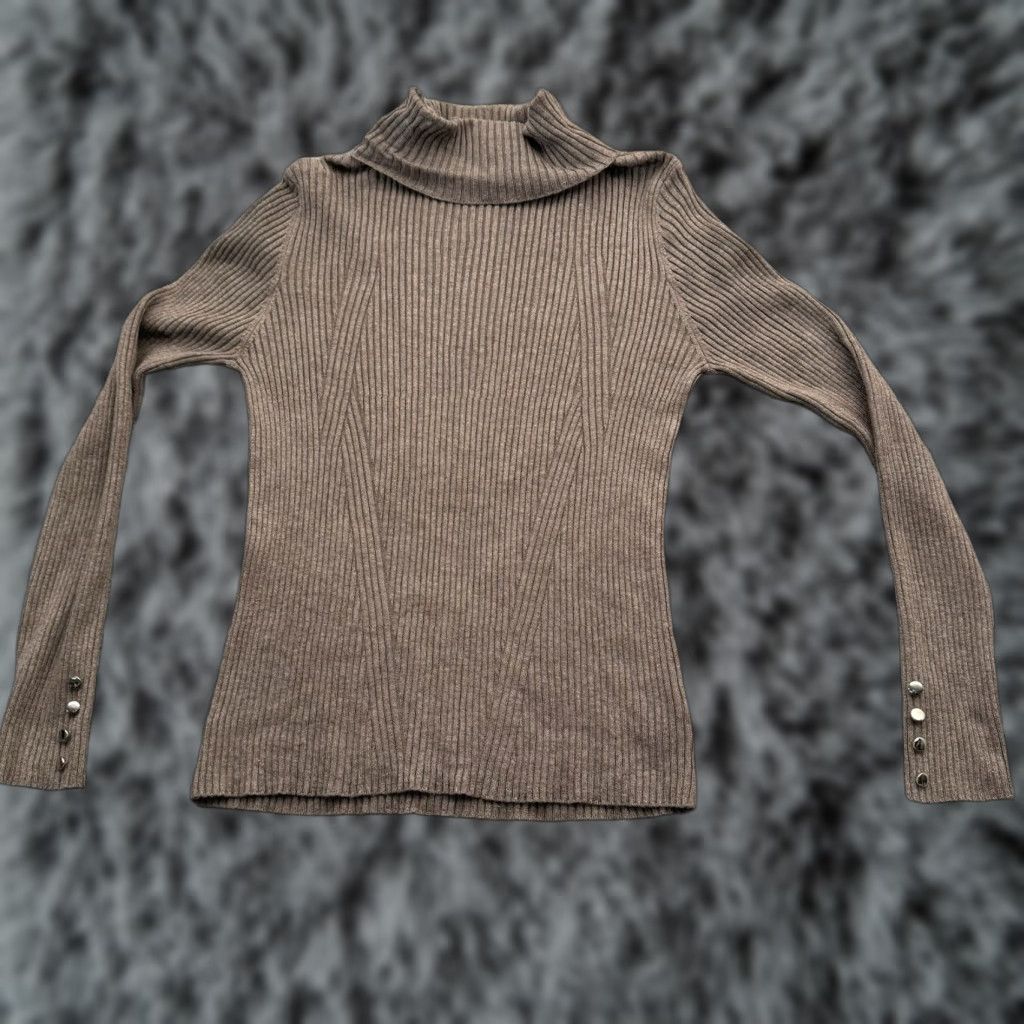 Vintage VINTAGE 80s 90s Sweater Womens XS Stretch Ribbed Bodycon Turtleneck Minimalist Pullover Beige Philomena Petti Size XS / US 0-2 / IT 36-38 - 1 Thumbnail