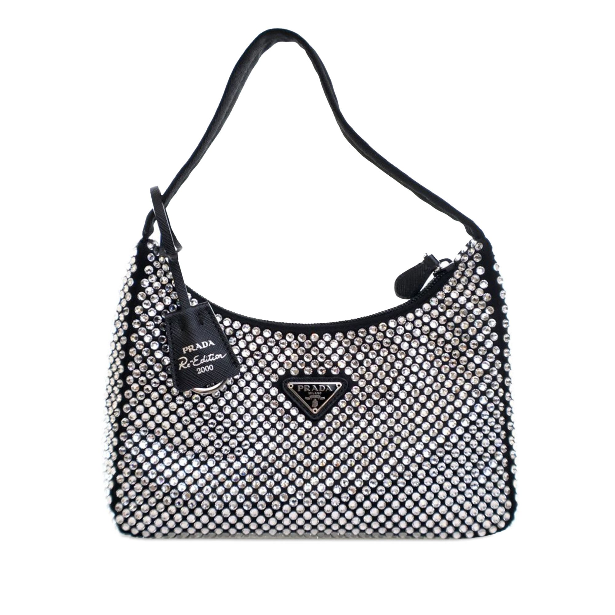 Prada Mini Satin Crystal Re-Edition 2000 Shoulder Bag in Black, Women's