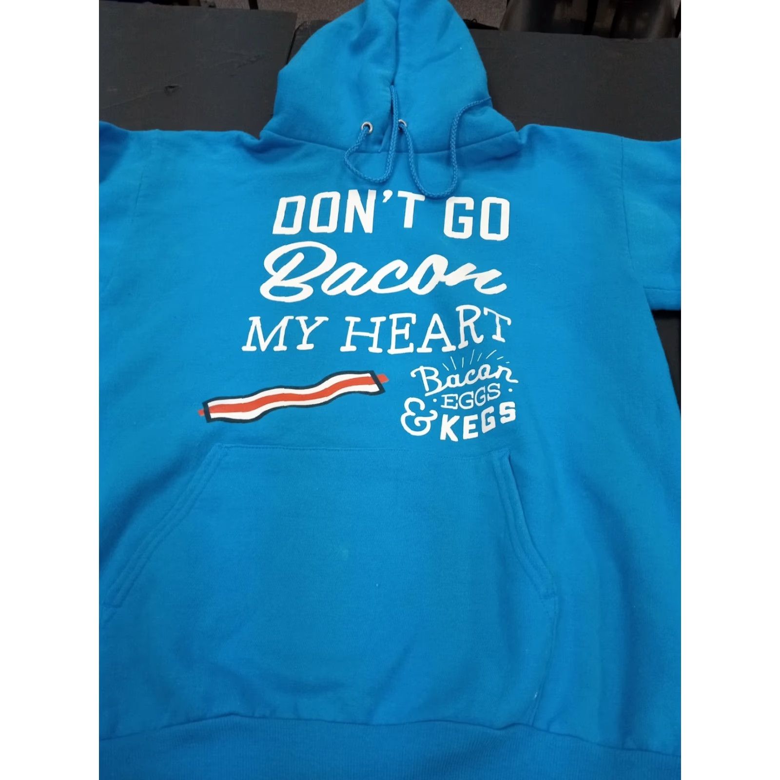 Vintage PORT Don’t Go Bacon My ❤️ Hoodie Blue Solid Long Sleeve Pullover with Hood Logo Regular Men Small 38" X 24" Funny USA Winter Fall Spring Size US S / EU 44-46 / 1 - 2 Thumbnail