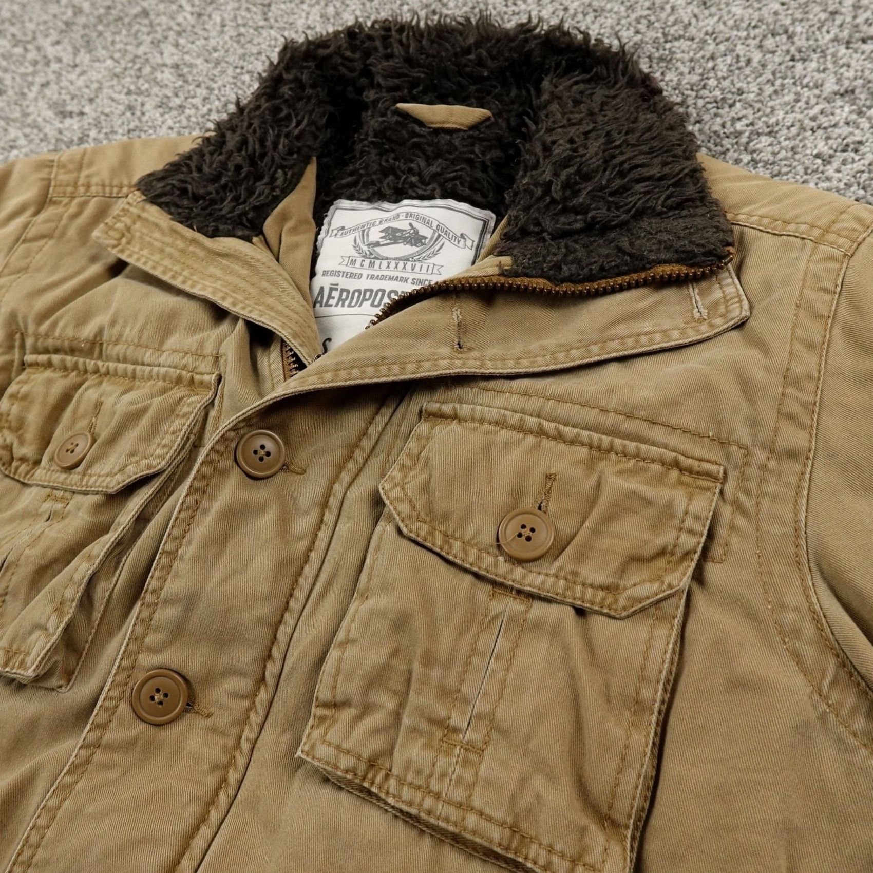 Vintage VTG Aéropostale Jacket Mens S Beige Cotton Chore Coat Lined Full Zip OG Logo Zipper Pockets Adventure Outdoor Workwear Size US S / EU 44-46 / 1 - 2 Thumbnail