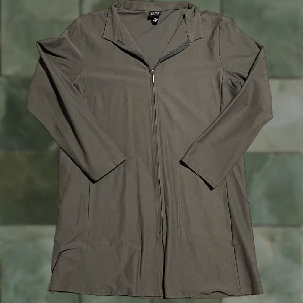 Eileen Fisher Shirt Jacket Zip Up Crepe Hunter Green Structured Mid-Length Viscose Jacket Coatigan Size M Womens