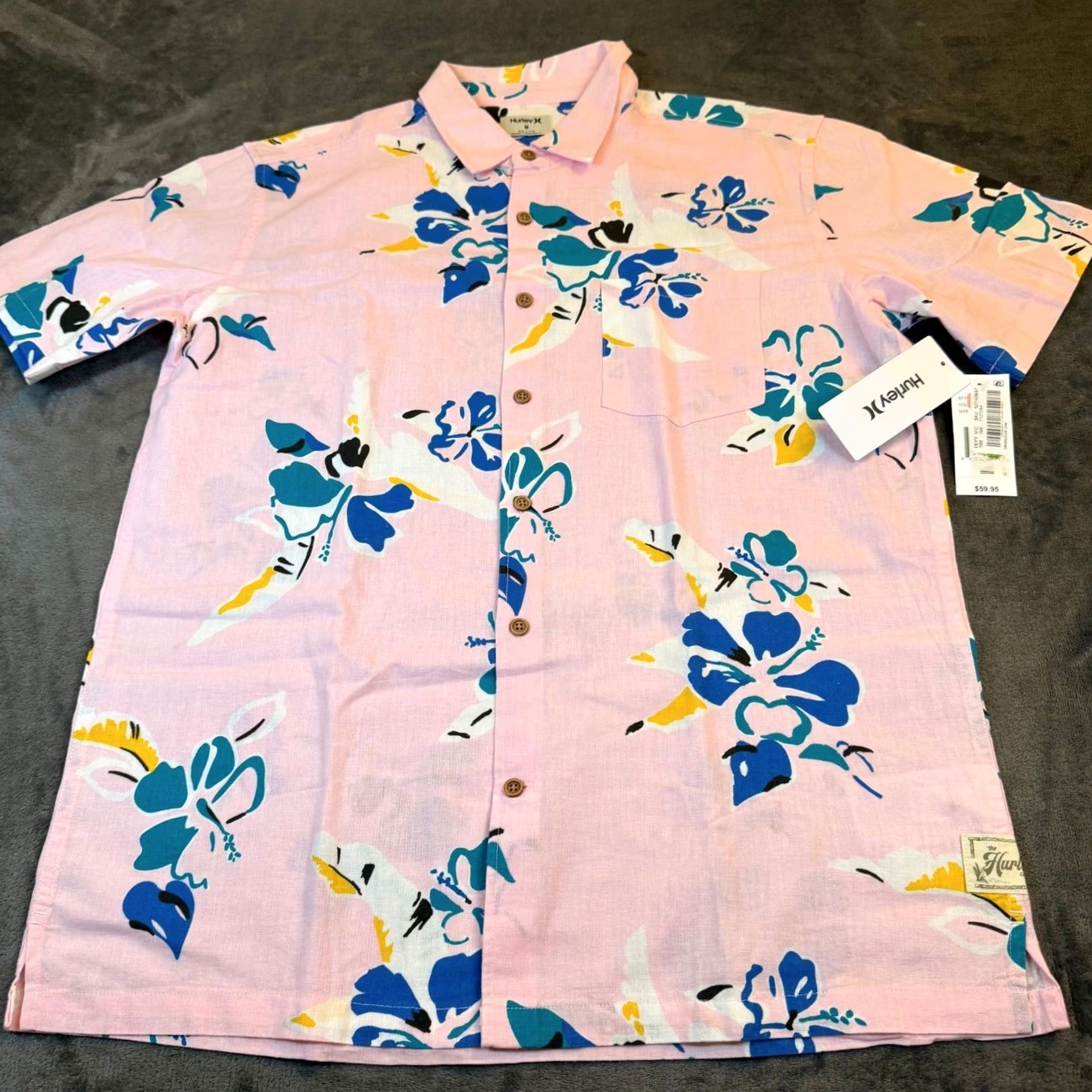 Hurley Hurley Button-Up Shirt Mens M Pink Floral Short Sleeve Linen NWT 90s? tropical beach aloha Pocket Size US M / EU 48-50 / 2 - 3 Thumbnail