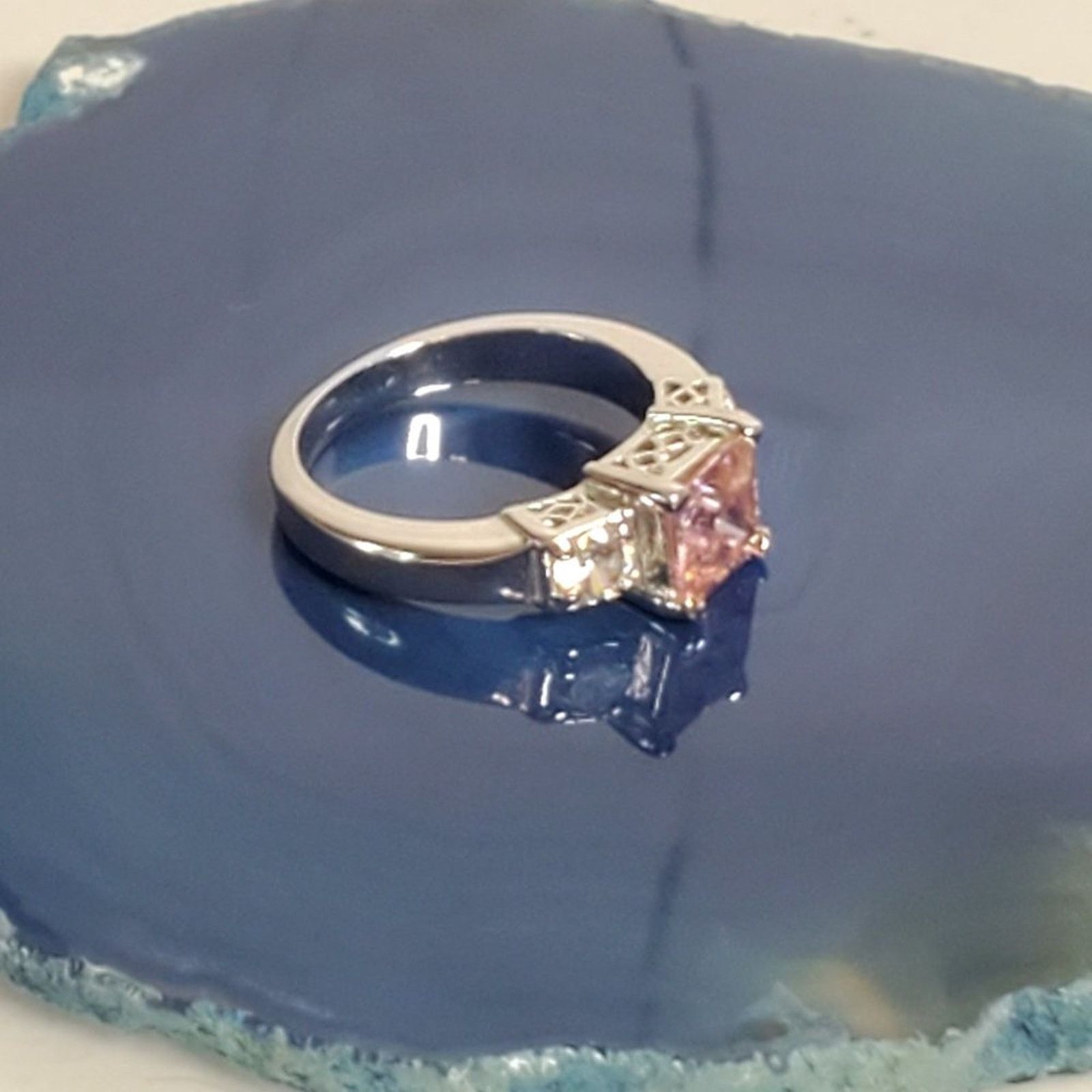 Designer White Gold Plated Pink Princess Cut & White Crystal Ring 6.5 Size ONE SIZE - 3 Thumbnail
