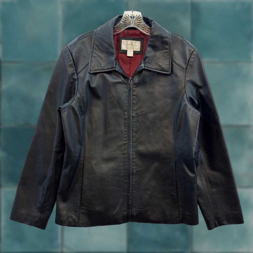 Worthington VINTAGE 90s Y2K Worthington Leather Jacket Large Womens Zip Up Red Lined Collared Black Jacket Size L / US 10 / IT 46 - 1 Thumbnail