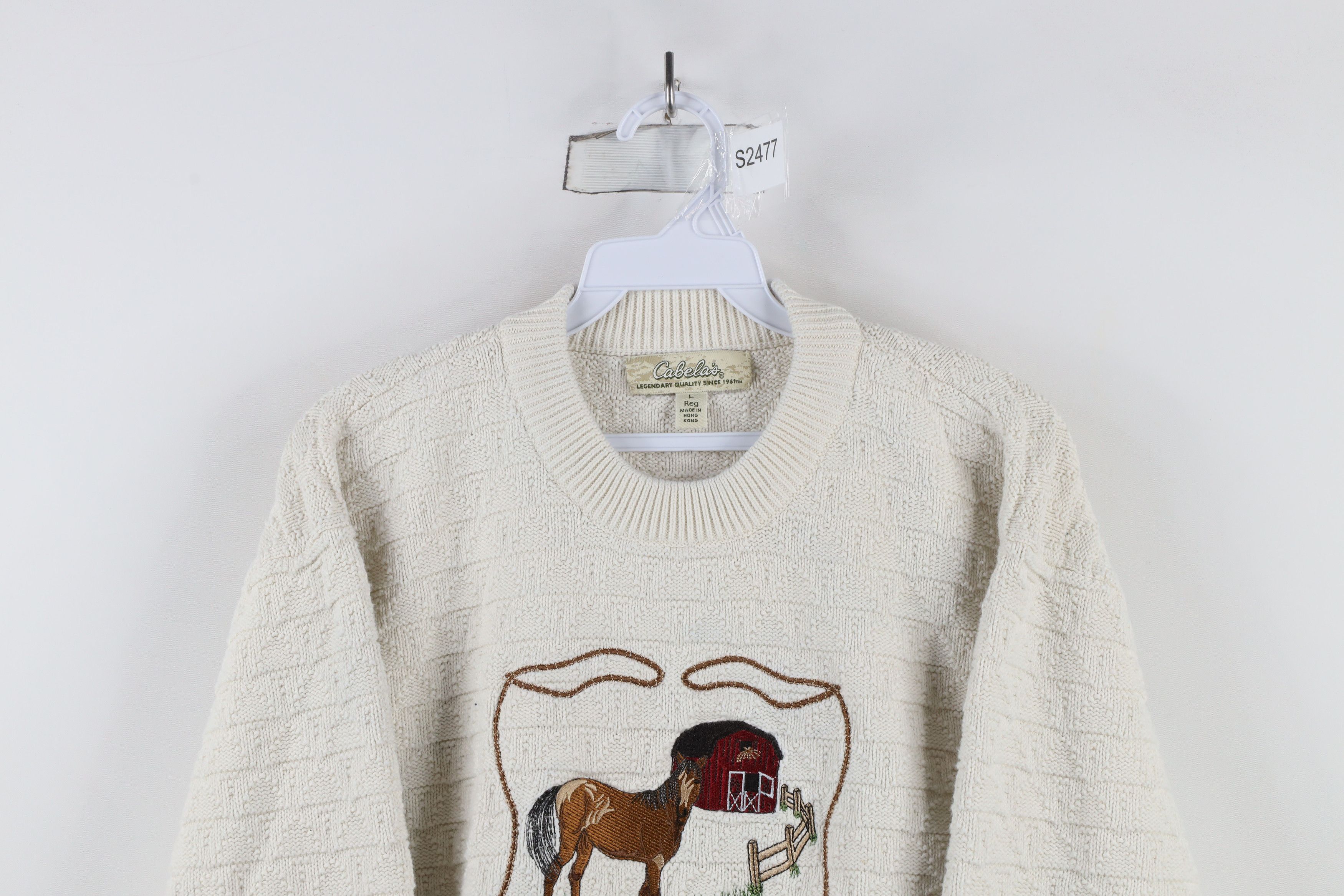 Cabelas × Vintage Vintage 90s Cabelas Horse Equestrian Knit Sweater Cream Size L / US 10 / IT 46 - 2 Thumbnail