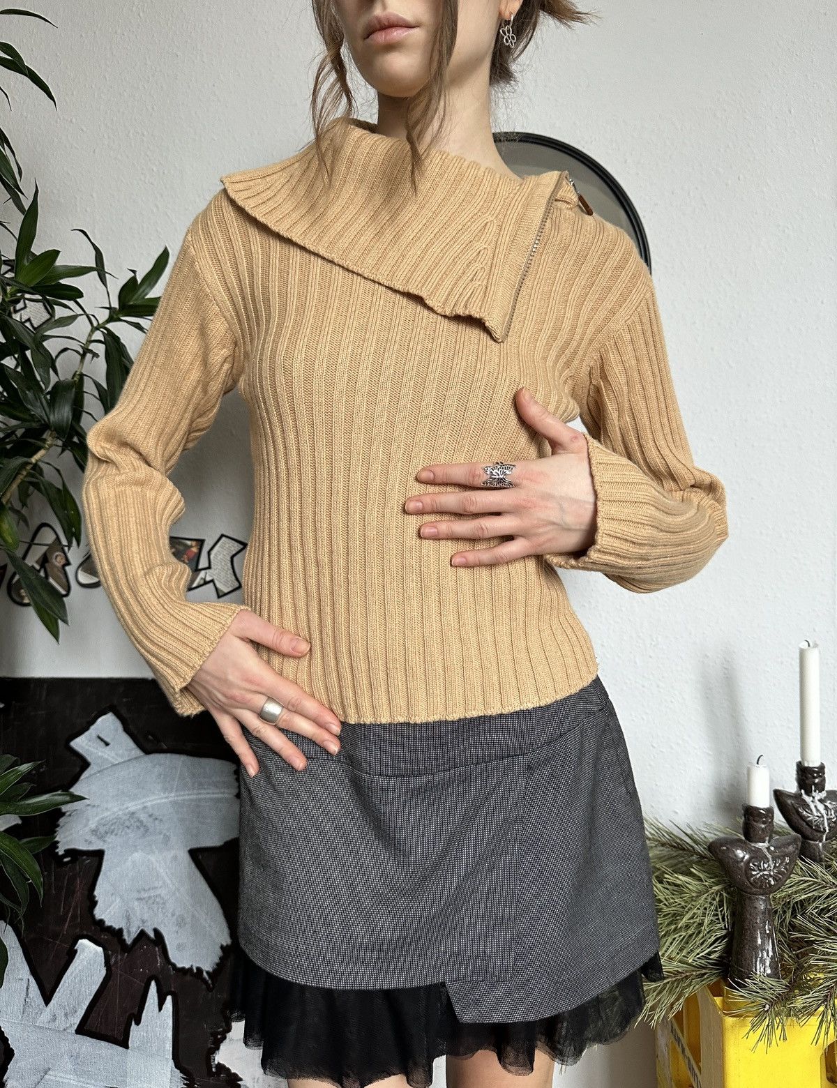 If Six Was Nine × Seditionaries Wool Vintage Knit Ribbed Stylish Pullover Asymmetrical Neck Size ONE SIZE - 4 Thumbnail