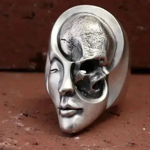Jewelry x Vintage Unique Design Human Duality Hide Yin And Yang Skull Rings in Silver, Men's