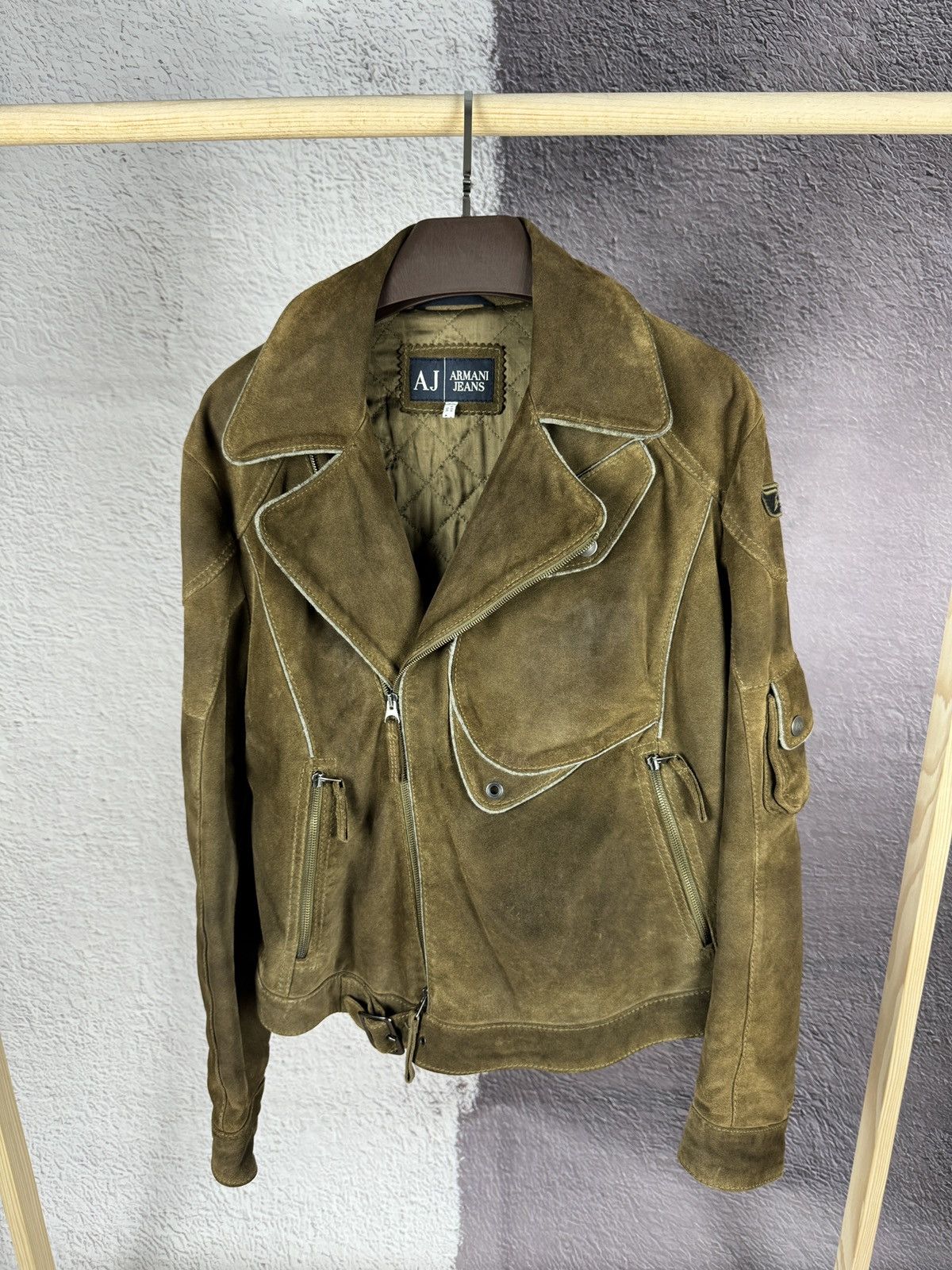 image of Armani Jeans Moto Biker Frontal Pocket Leather Suede Jacket in Brown, Men's (Size Large)