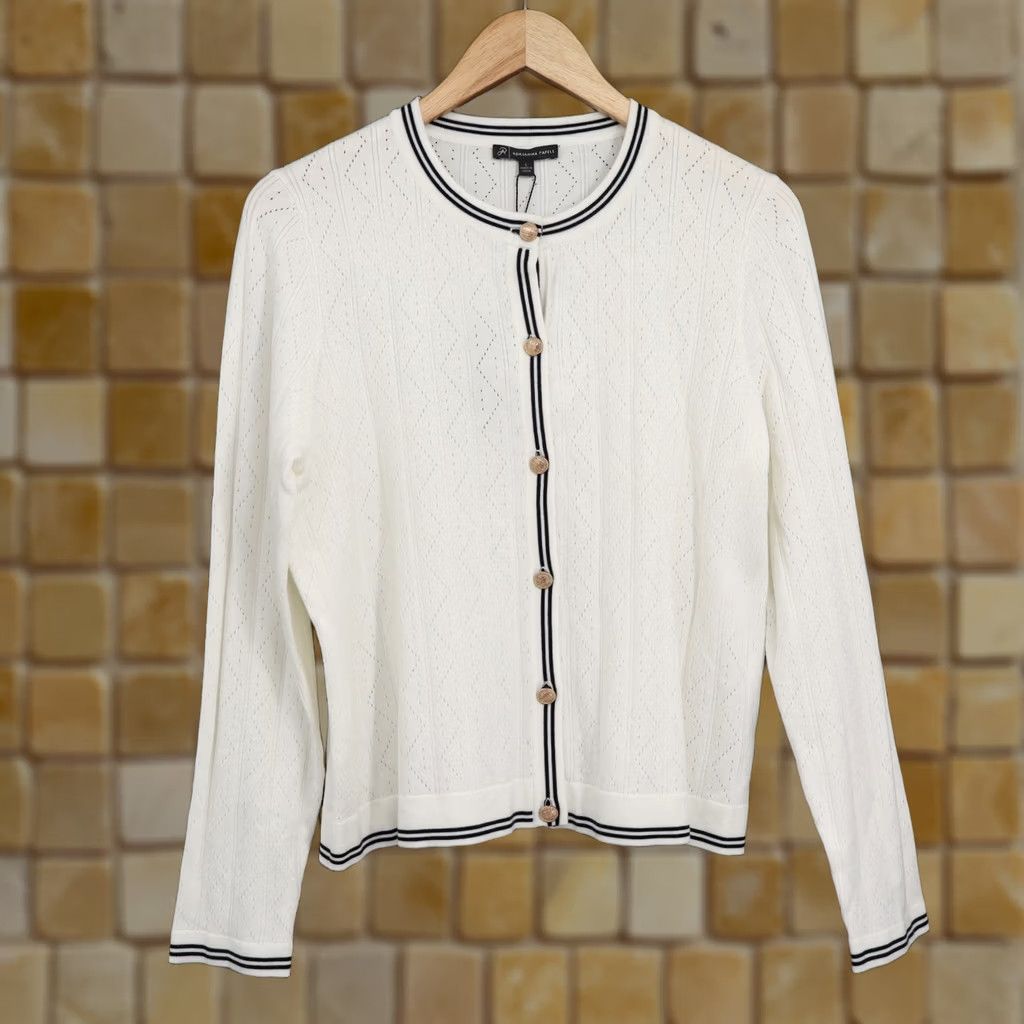 Adrianna Papell Adrianna Papell Women's Sweater Cardigan Ivory White Trim Tipped Pointelle L NEW Size L / US 10 / IT 46 - 1 Thumbnail