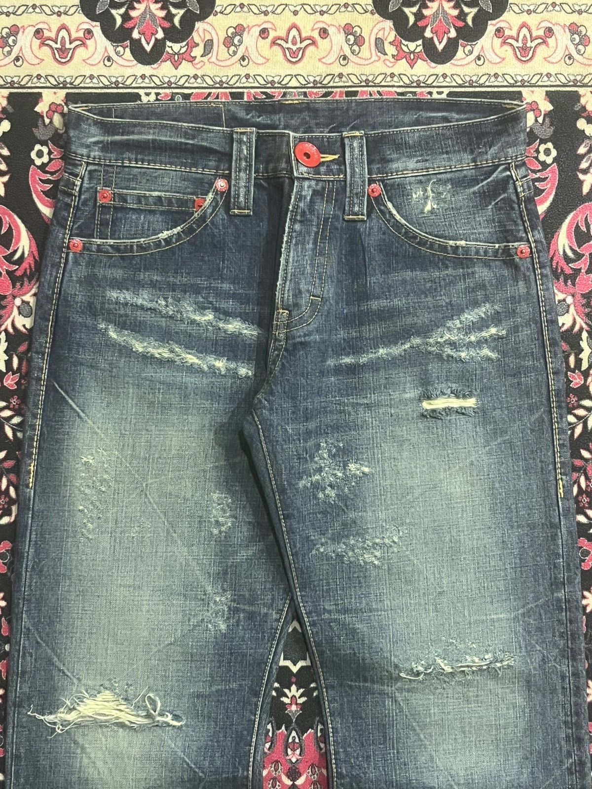 GOSTAR DE FUGA Co&Lu Cracked Distressed Big Slogan Dark Blue Loose Jeans Size US 31 - 4 Thumbnail