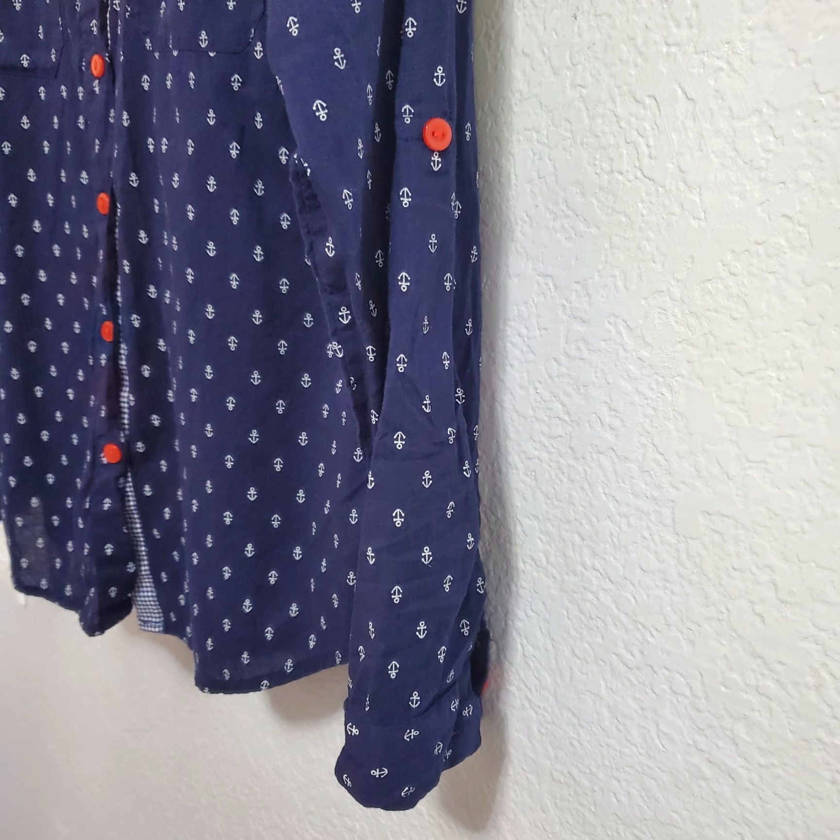 Vintage Eden & Olivia Button-Up Shirt Women PM Navy Blue Anchors Roll Tab Sleeve Casual Basic 100% Cotton Buttons Red Navy Nautical Size M / US 6-8 / IT 42-44 - 7 Thumbnail