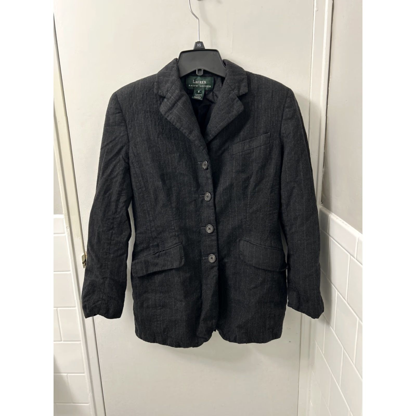 Ralph Lauren VINTAGE Lauren Ralph Lauren Blazer Women 8 Black Striped Worsted Wool US Made Mid-Length Button Cuff Classics Womens Size M / US 6-8 / IT 42-44 - 2 Thumbnail