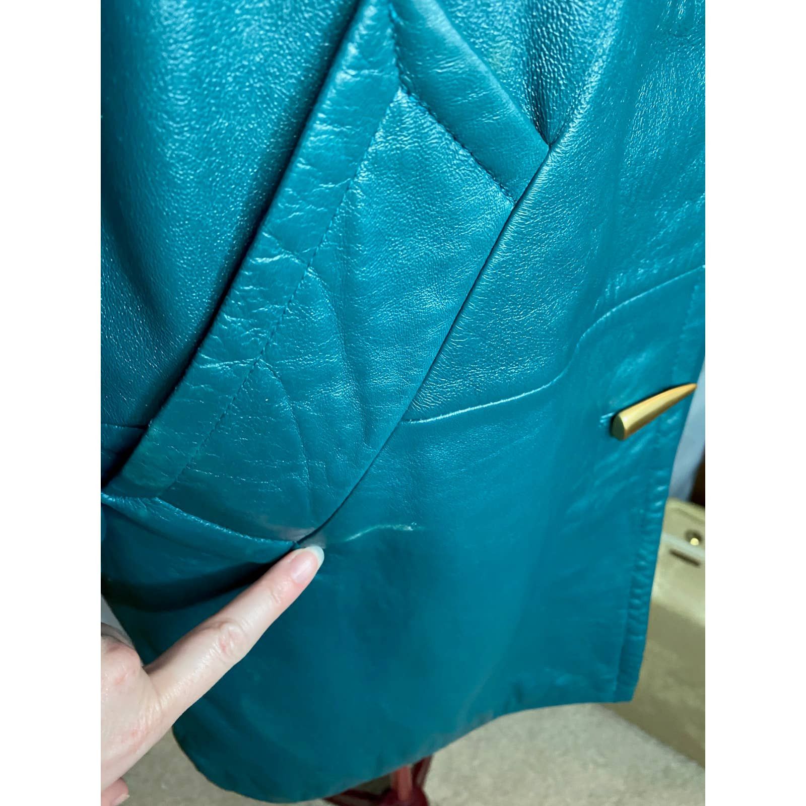 Vintage leather Jacket coat Jaqueline Ferrar teal green blue gold Size US M / EU 48-50 / 2 - 5 Thumbnail