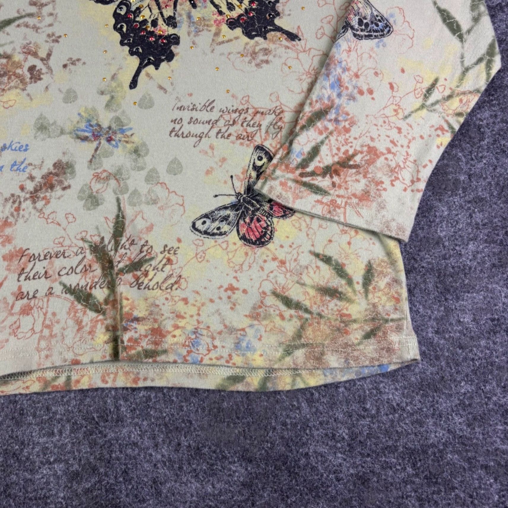 Vintage Morning Sun Floral V-Neck Top XL Green 100% Cotton Knit 3/4 Sleeve Rhinestone Womens T-Shirt Size XL / US 12-14 / IT 48-50 - 6 Thumbnail