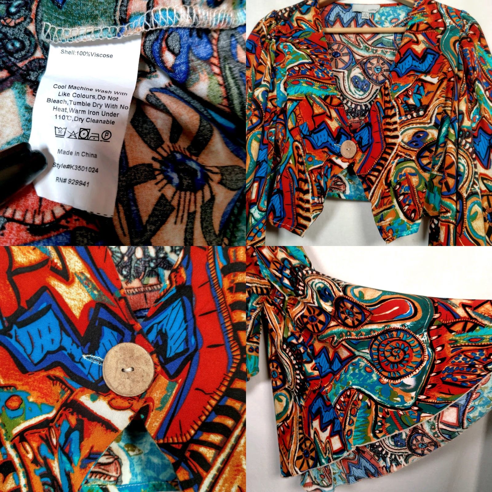 Bell VINTAGE LUUKSE Womens Cropped Blouse S Long Bell Sleeve Abstract Psychedelic Boho Festival Size S / US 4 / IT 40 - 8 Thumbnail