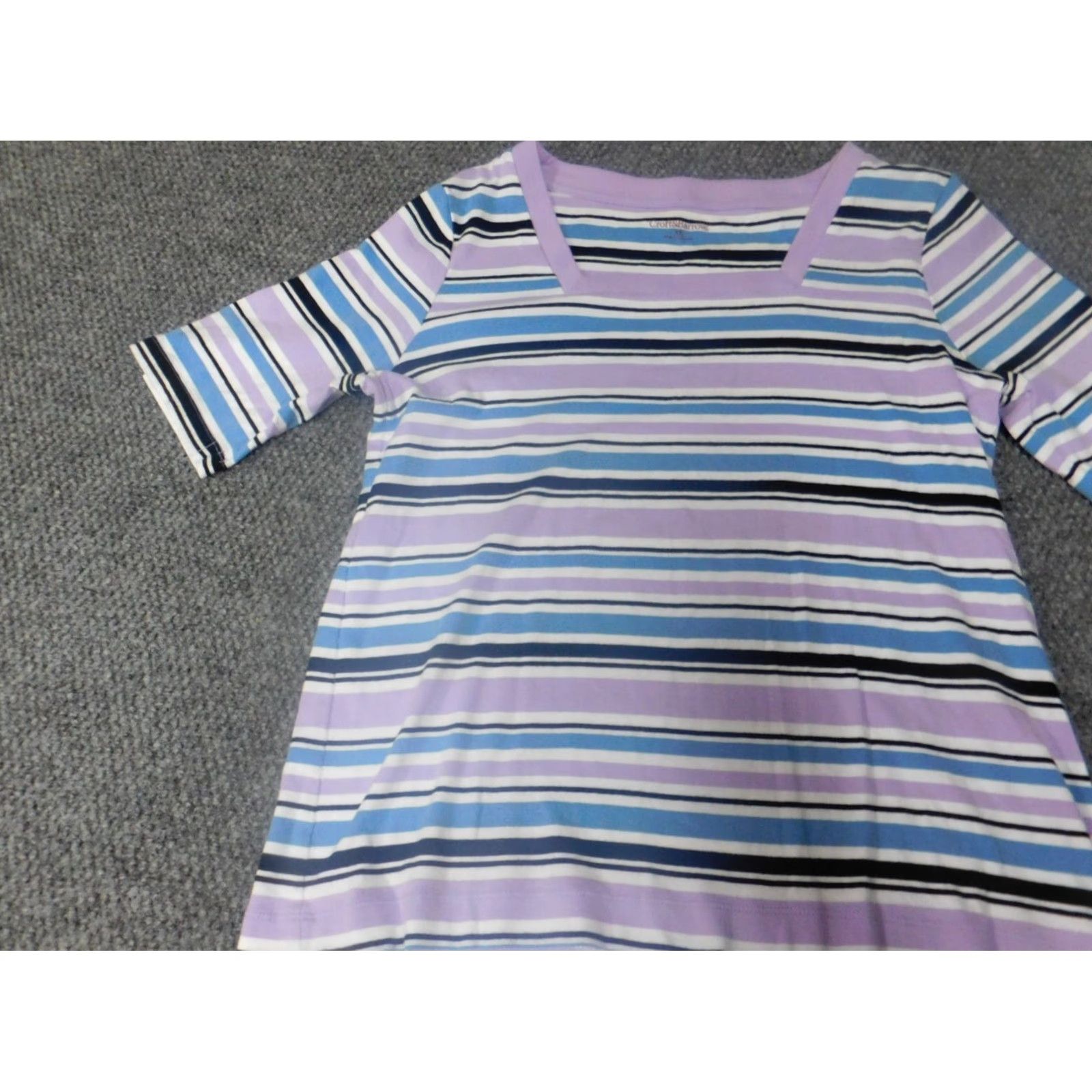 Croft & Barrow Croft & Barrow Womens Blouse XL Purple Striped Crew Neck Short Sleeve Casual Shirt Regular Clothing Size XL / US 12-14 / IT 48-50 - 2 Thumbnail