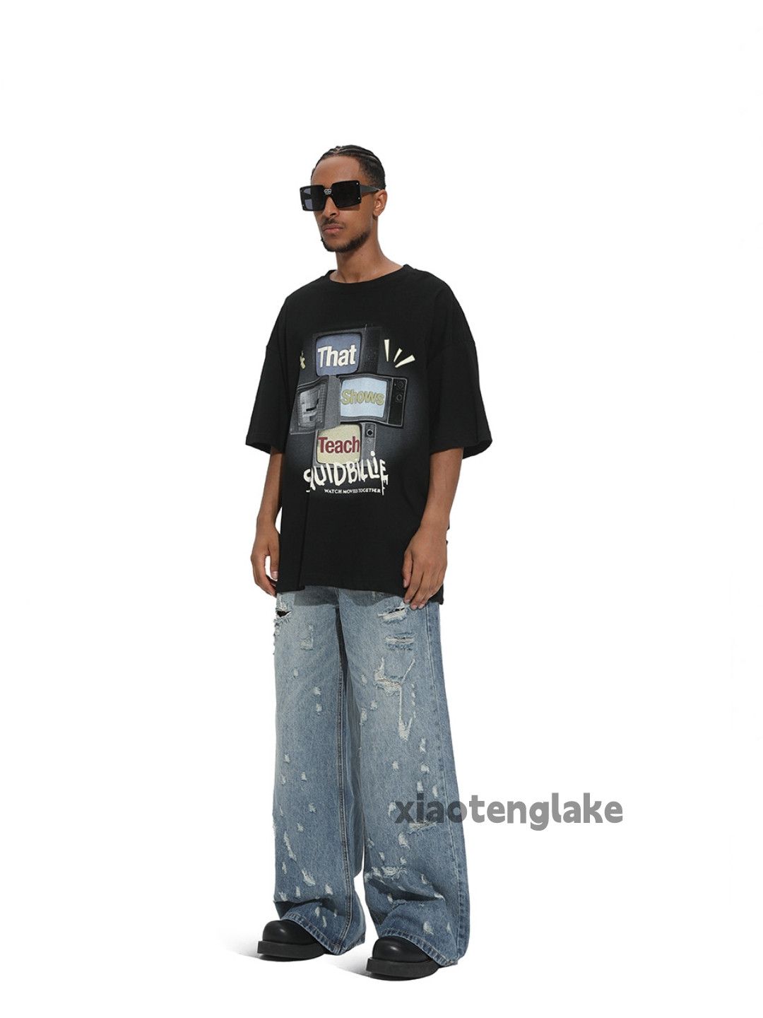 Jean Unisex washed faded loose baggy skate hiphop jeans Size US 33 - 8 Thumbnail