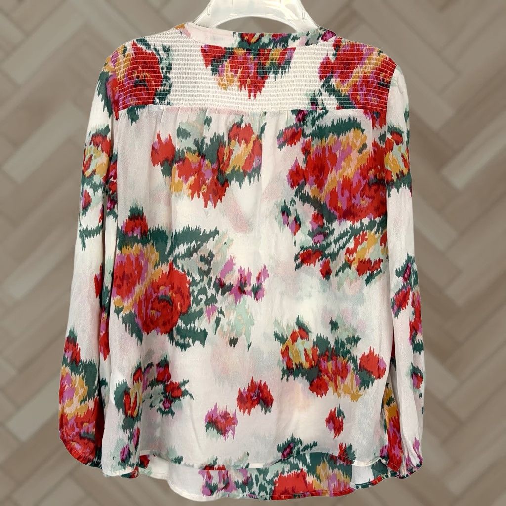 Joie JOIE Blouse Shirt Womens S Floral Tunic Sheer Silk Chiffon V-Neck Long Sleeve Button Dry Clean Only Ivory Peasant Smocked Boho Casual 100% Silk Size S / US 4 / IT 40 - 1 Thumbnail