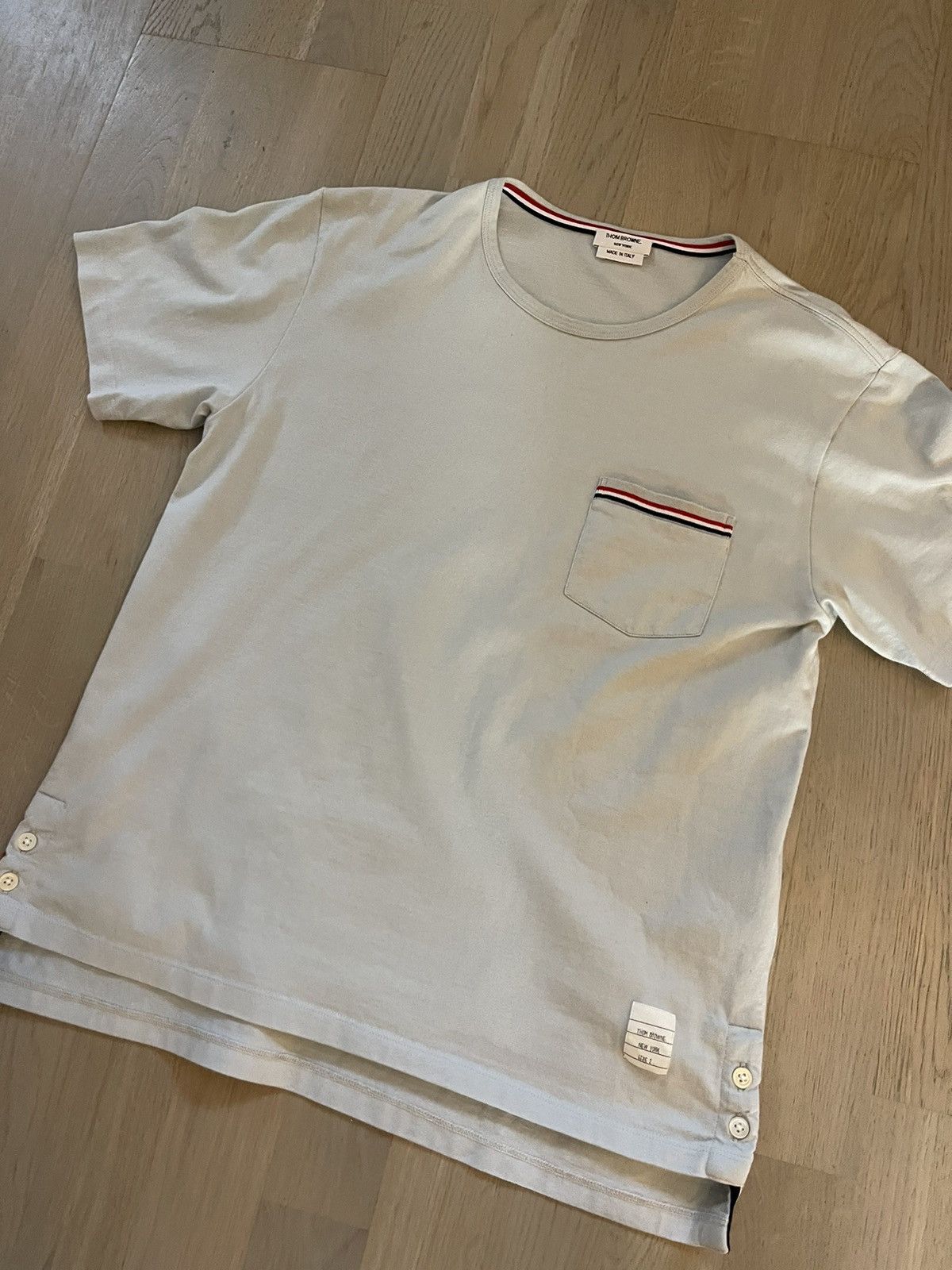 THOM BROWNE tshirt marked sz 2 SEE TAPE MEASUREMENTS IN PHO