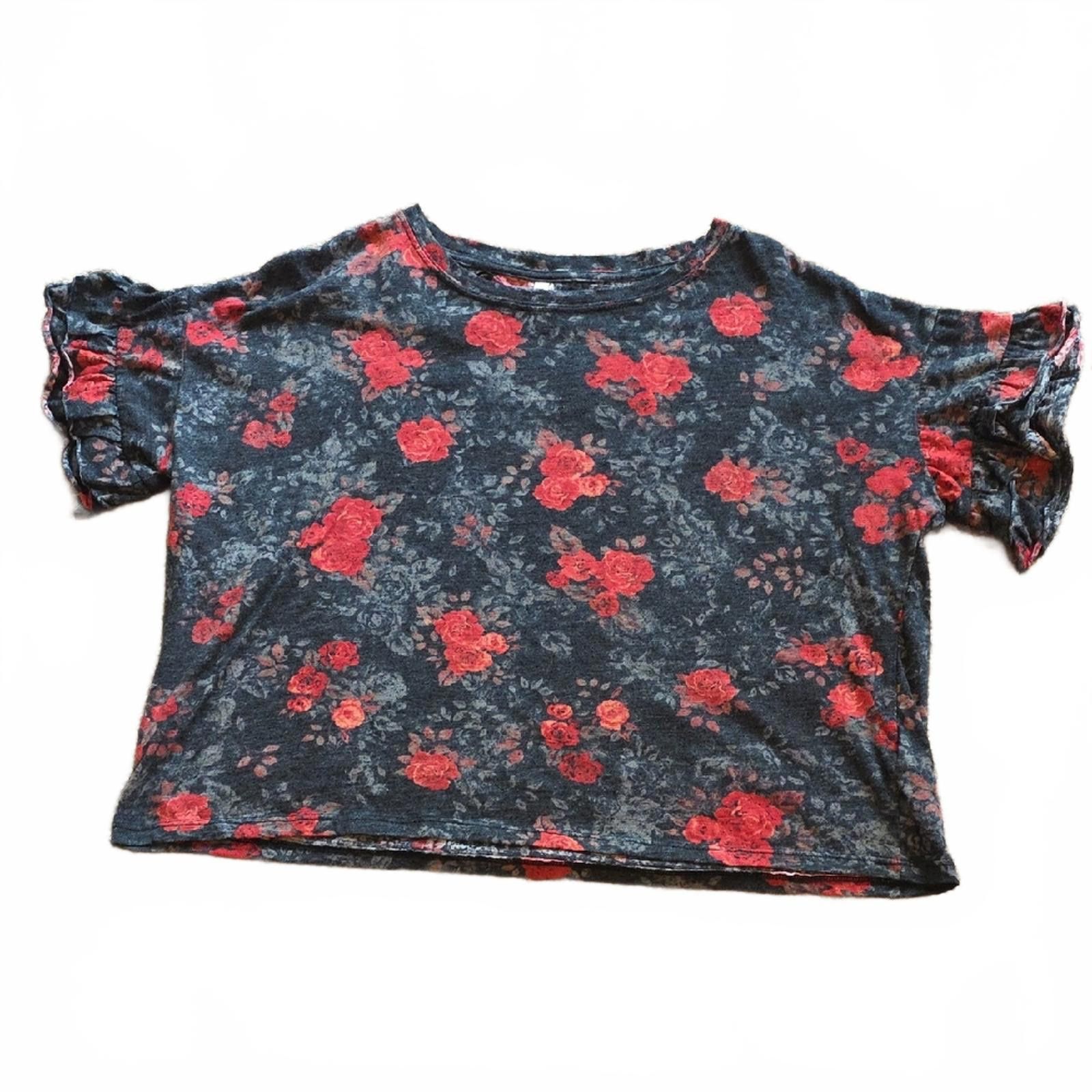 Steve Madden Mudd Distressed Floral Crop Top Ruffle Sleeve Grunge Y2K Tee Size L / US 10 / IT 46 - 1 Thumbnail