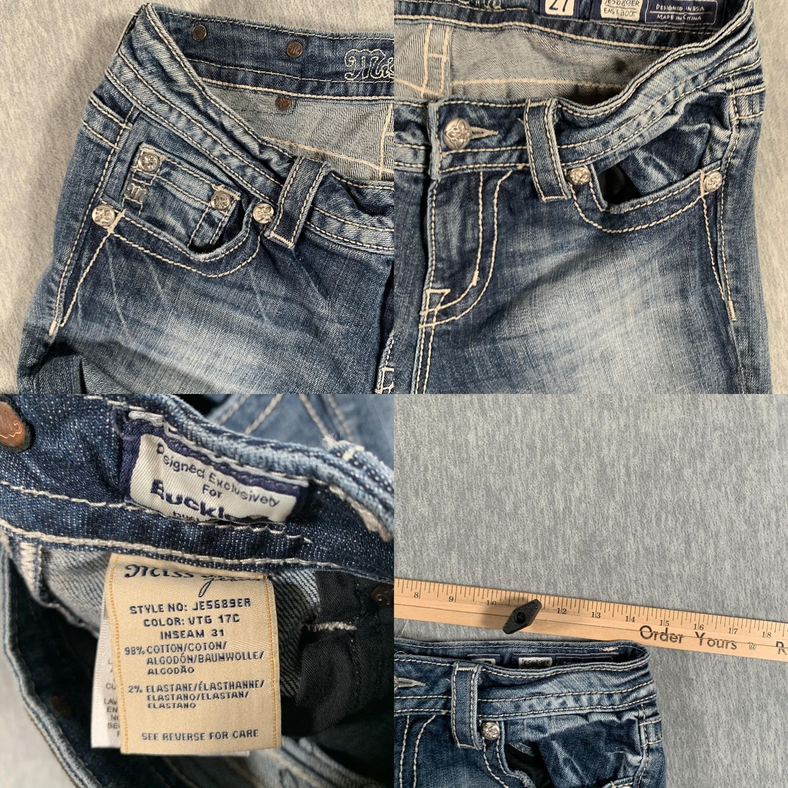 Miss Me Miss Me Jeans Womens 27 Bootcut Denim VTG 17C Embellished Buckle Rhinestone Embroidered Pocket Distressed Low Rise 31in Inseam Easy Boot Size 27" / US 4 / IT 40 - 8 Thumbnail