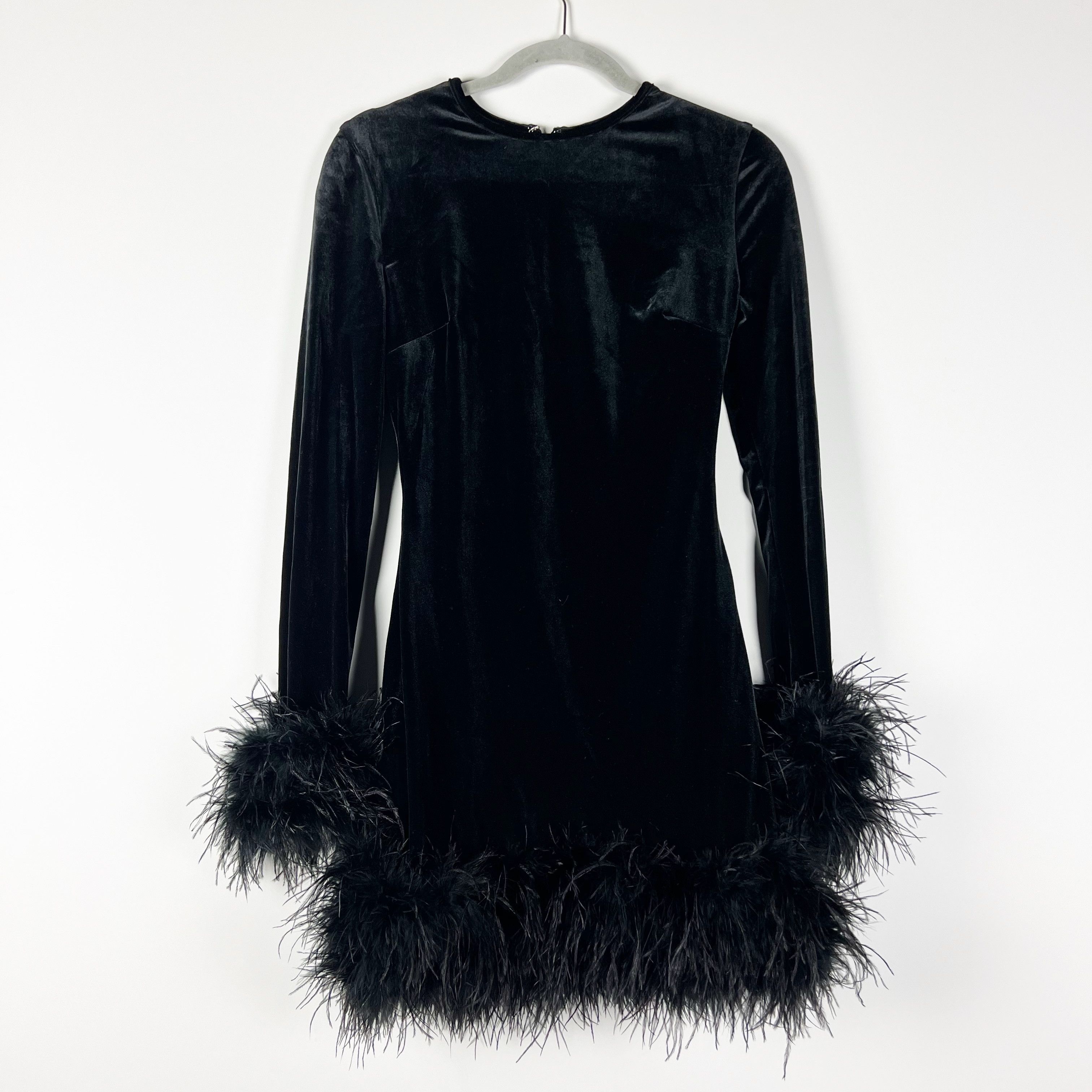 image of House Of Cb Lavinia Feather Trim Long Sleeve in Black, Women's (Size Small)