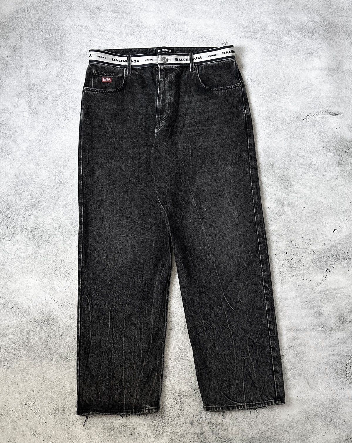 image of Balenciaga Ss21 Logo Waistband Baggy Denim in Stone Washed Black, Men's (Size 36)