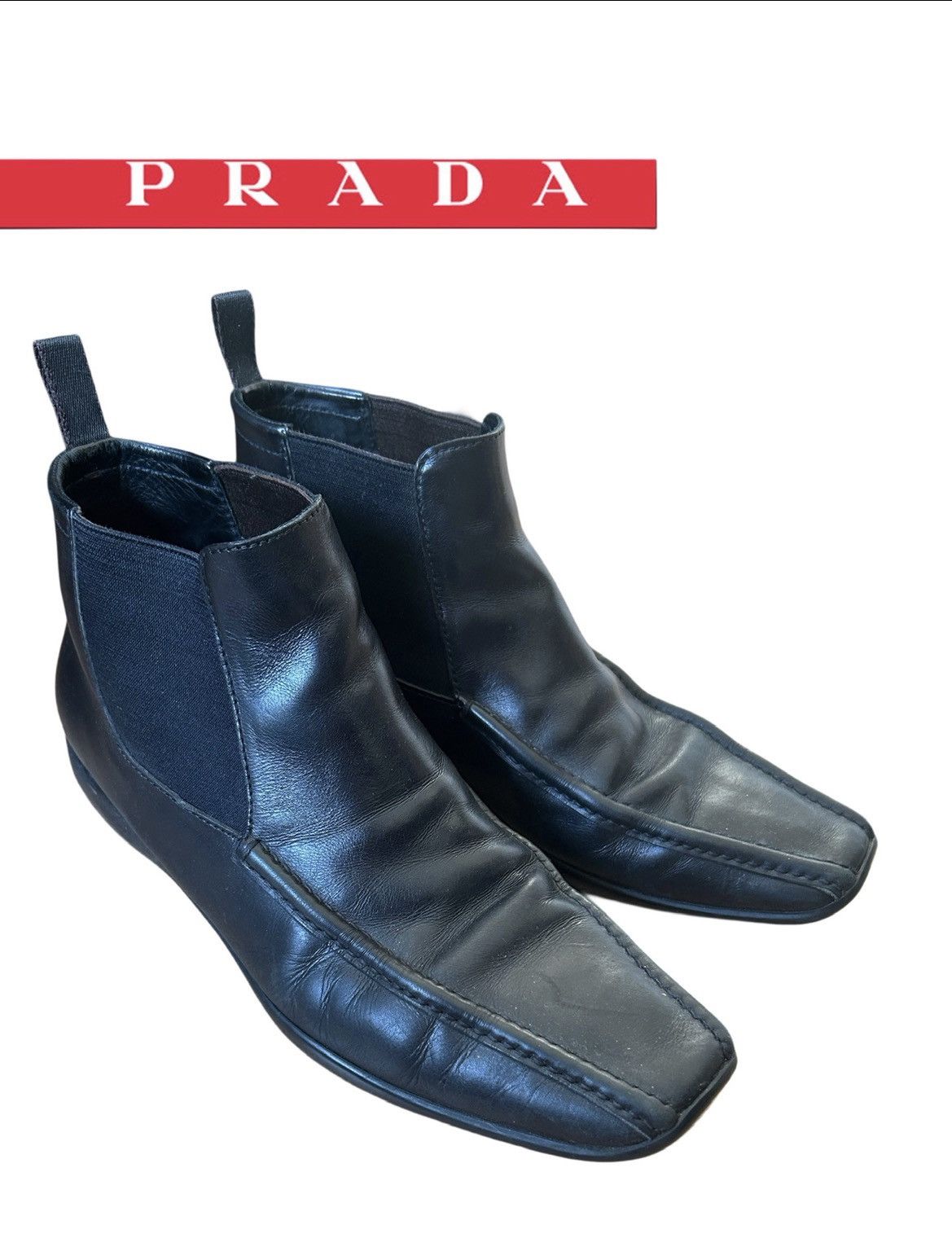 靴 00s PRADA SPORT Square Toe Zip Boots Prada PRADA FW2001 Stitch Leather Zip Sport Boots Vintage rapper