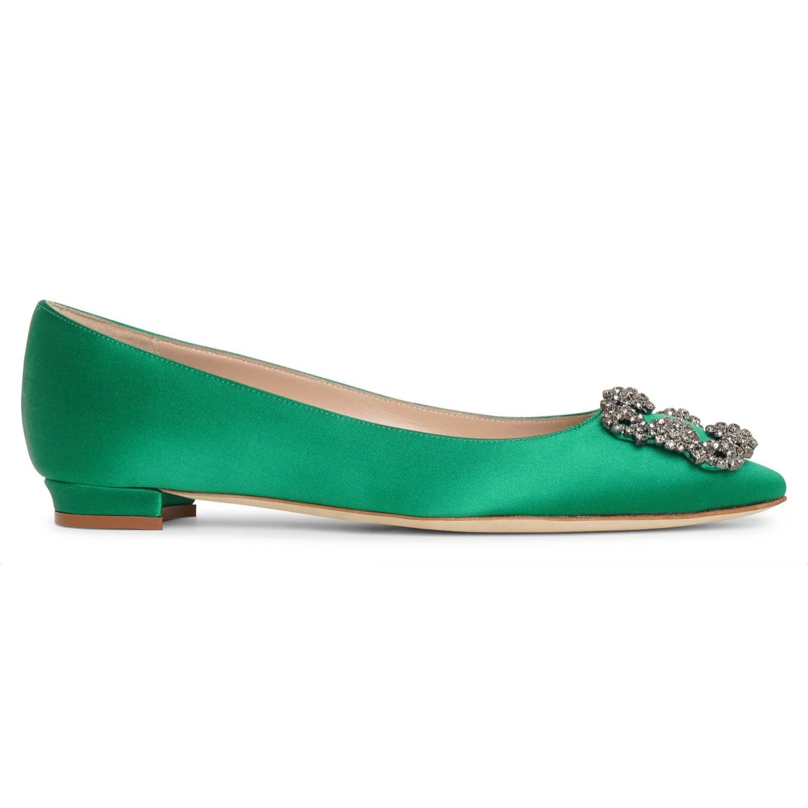 Manolo Blahnik Hangisi Emerald Satin Jewel Buckle Flat 39
