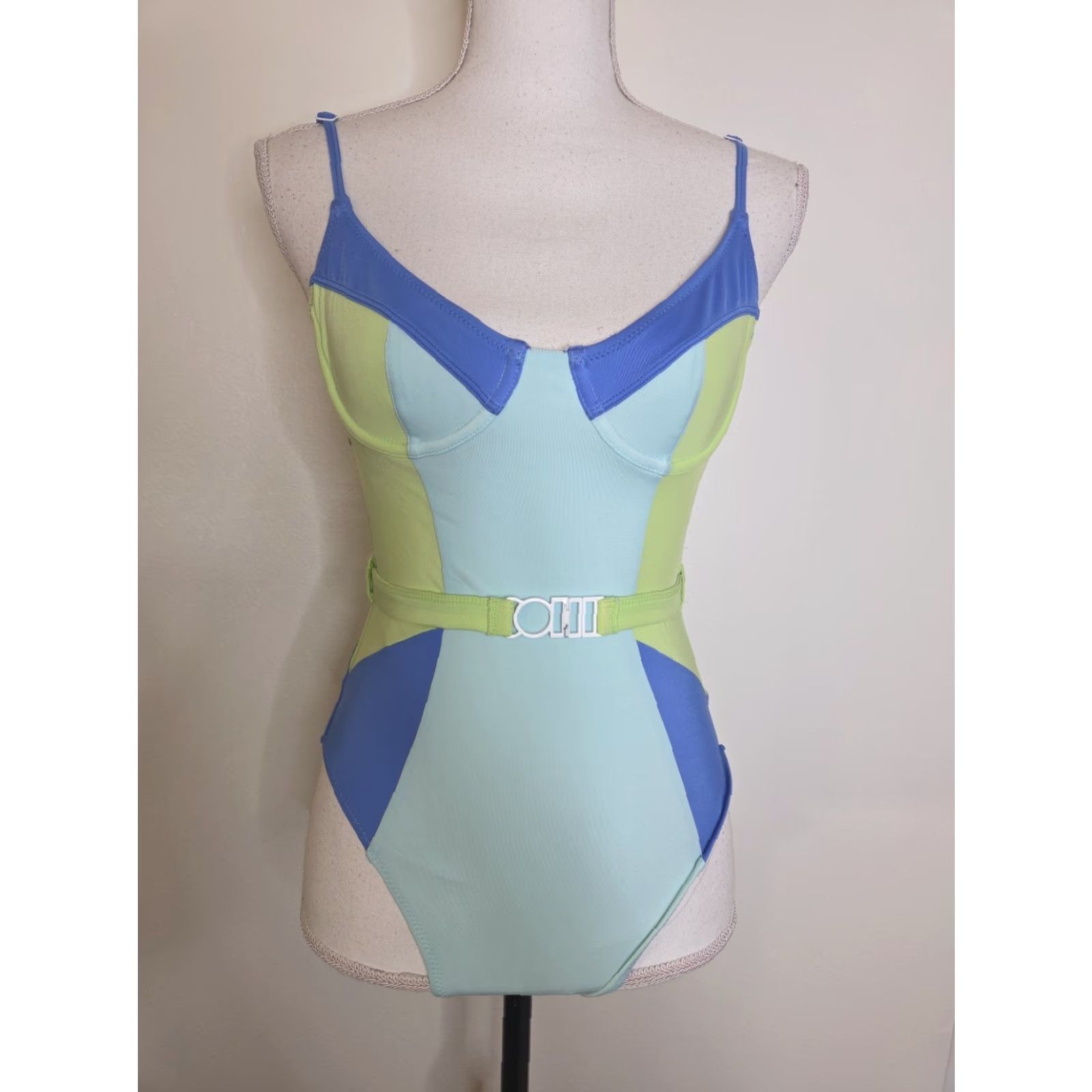Solid & Striped Solid & Striped Spencer One Piece Swimsuit Belted Spaghetti Blue Green XS Womens Size ONE SIZE - 4 Thumbnail